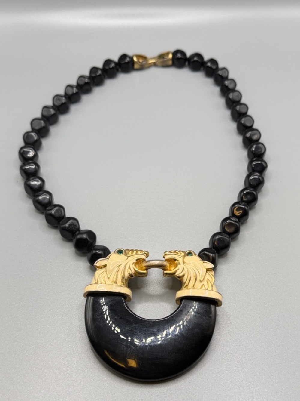 Gold-Tone Lion Head Black Bead Statement Necklace